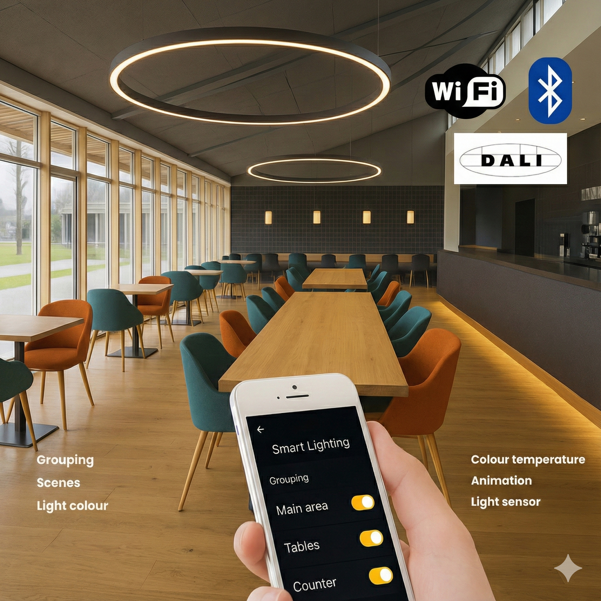 Interior of a modern cafe with wooden tables and colorful chairs. A person holds a smartphone with an app for smart lighting, showing options for grouping and controlling lights in main area, tables, and counter. Signs for WiFi, Bluetooth, and DALI lighting system are visible on the wall.