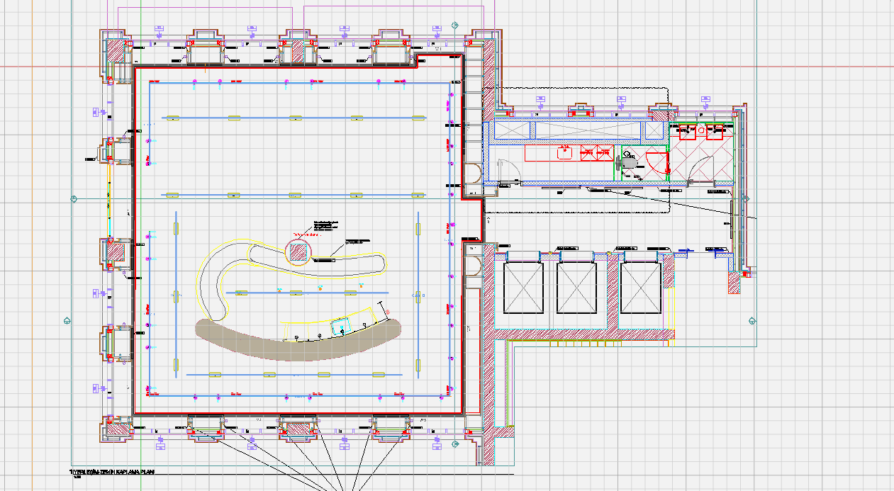 Architectural floor plan of a building with details of rooms, walls, doors, and structural elements.