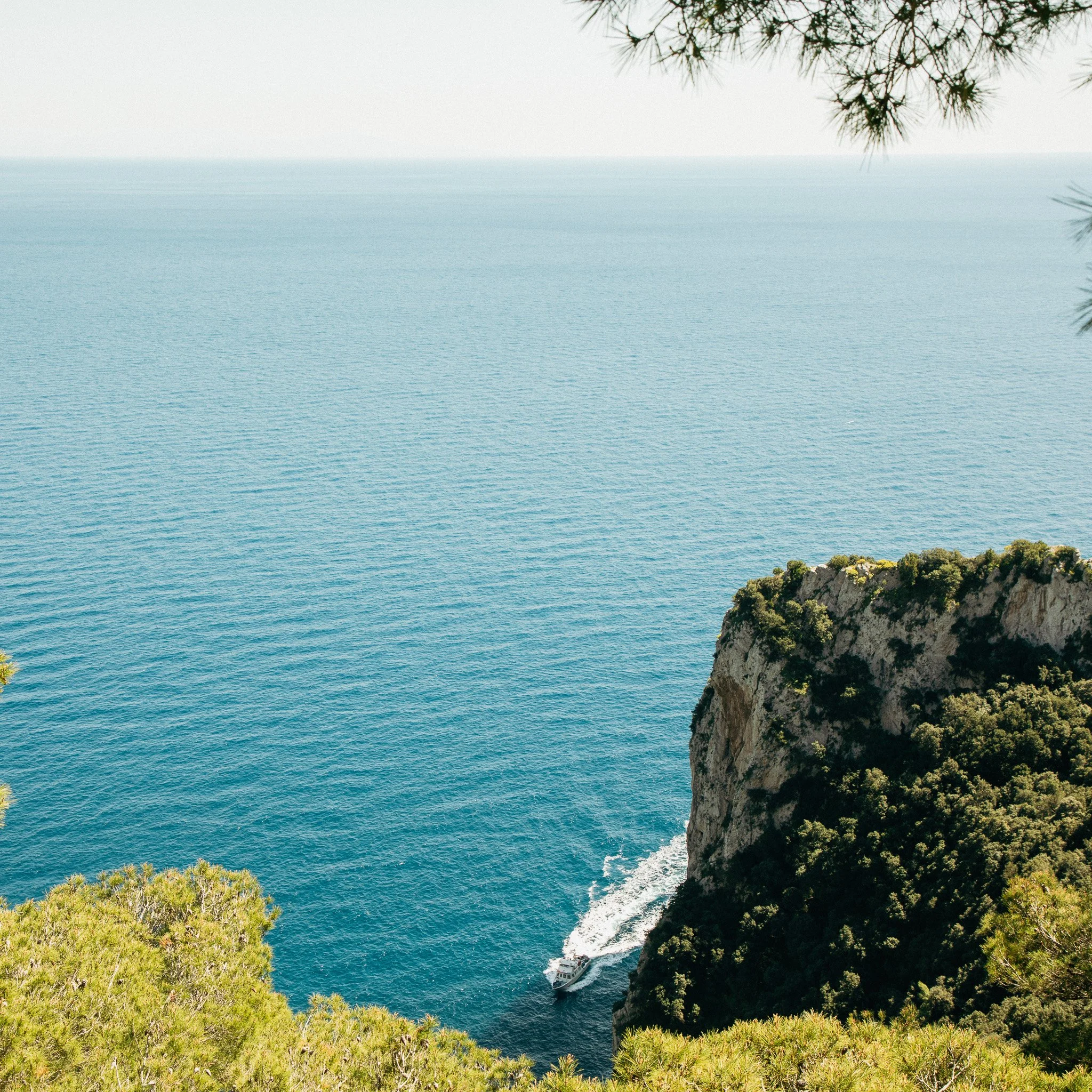 Scenic view of a rocky coastline with lush green vegetation, overlooking a calm ocean with a boat sailing.