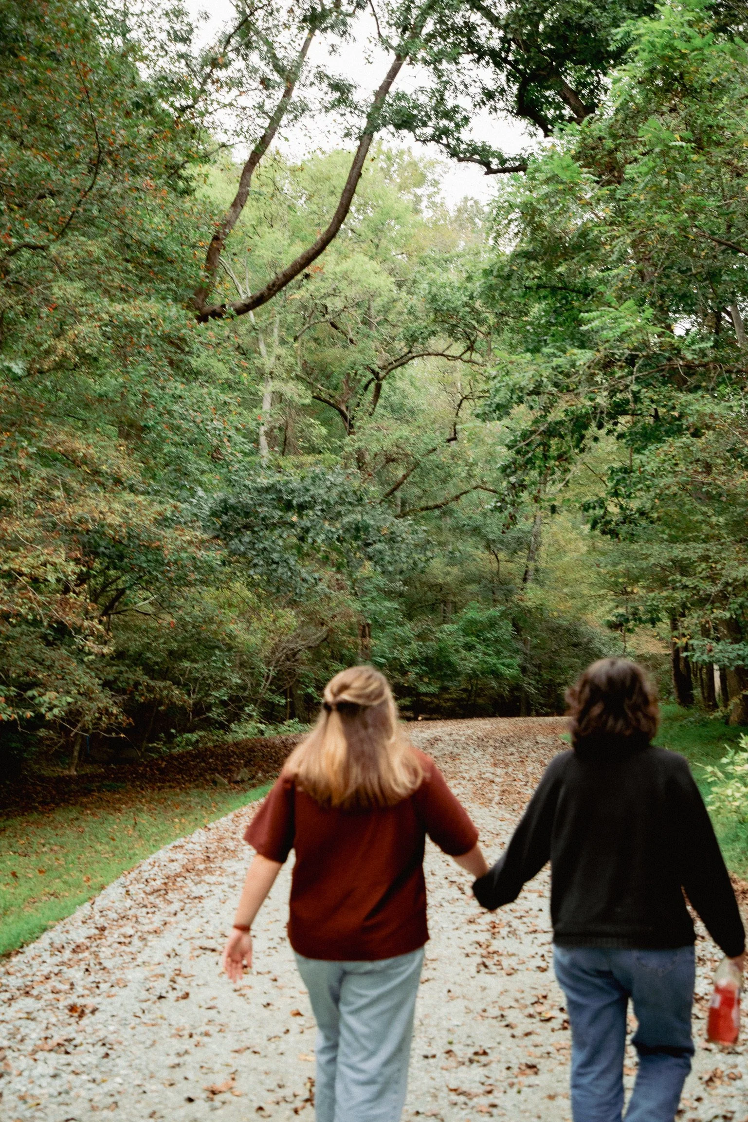 Two people walking down a gravel path lined with trees in a park, holding hands, with autumn leaves on the ground.