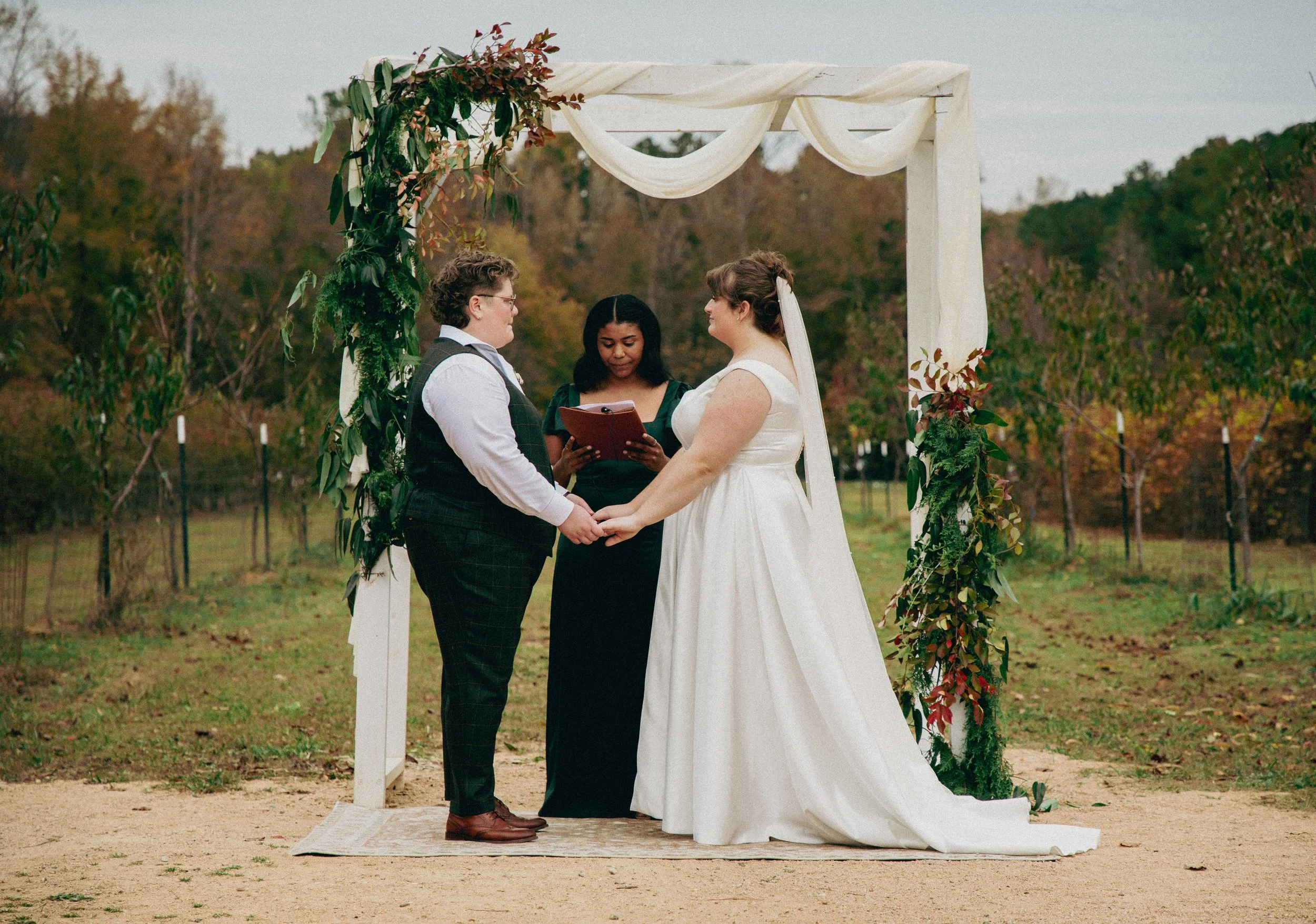 A couple is getting married outdoors under a decorated archway with an officiant standing between them, holding hands and looking at each other, with trees in the background.