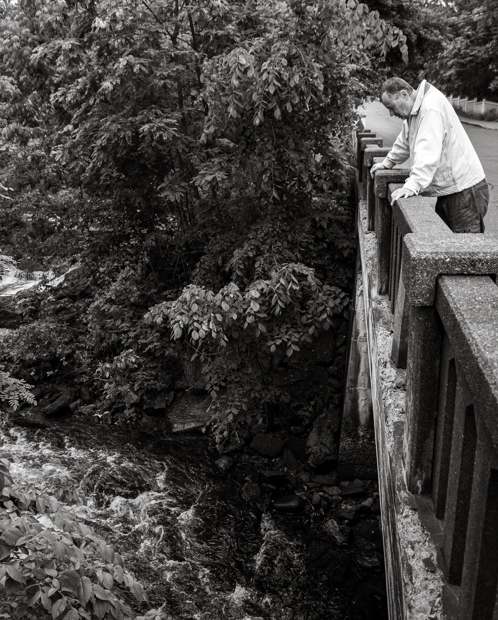 A man standing on a bridge, looking down at a creek or small river with flowing water and rocks, surrounded by dense trees and foliage.