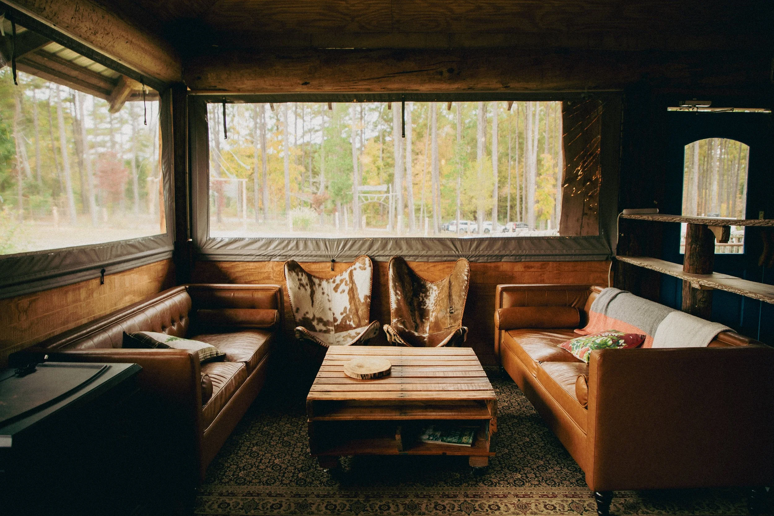 Cozy rustic living room with large windows showcasing a wooded outdoor view, leather sofas, patterned cushions, a wooden coffee table, and a wooden ceiling.
