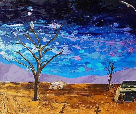 A landscape painting depicting a starry night sky with two leafless trees, a mountain range in the background, and a car parked on a dirt road.