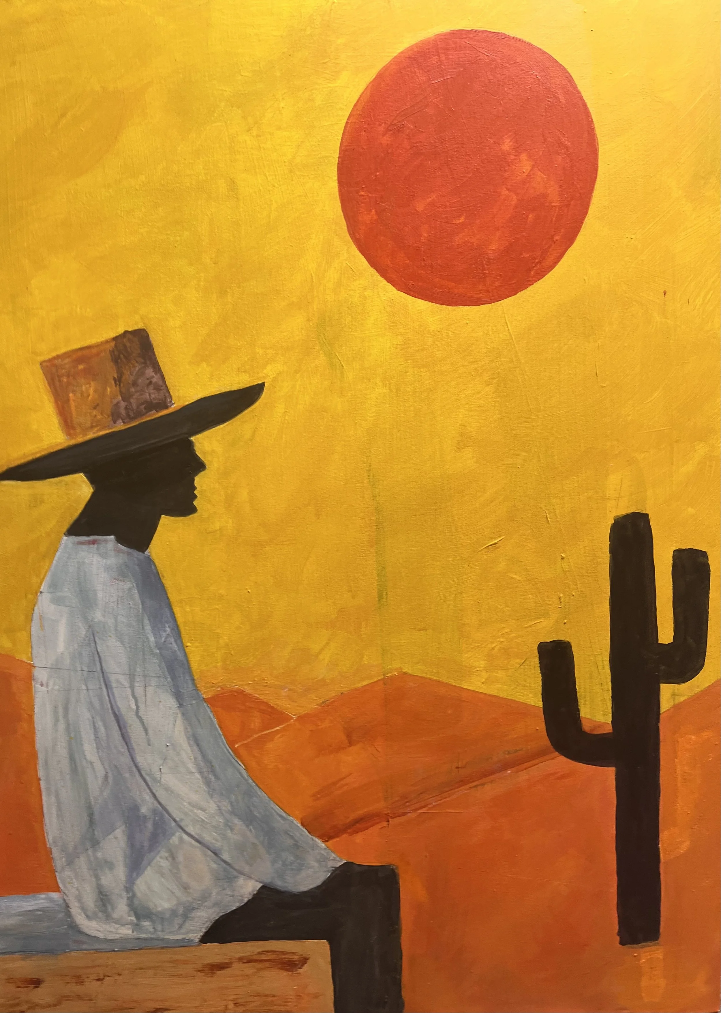 Silhouette of a person wearing a large hat sitting on a surface with a desert landscape, a cactus, a red sun, and orange hills in the background.