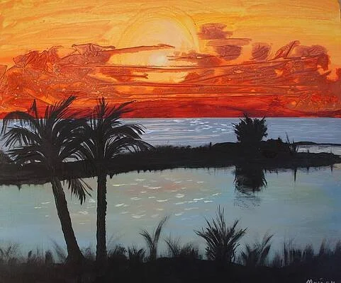 Painted sunset over a lake with palm trees silhouetted in the foreground.