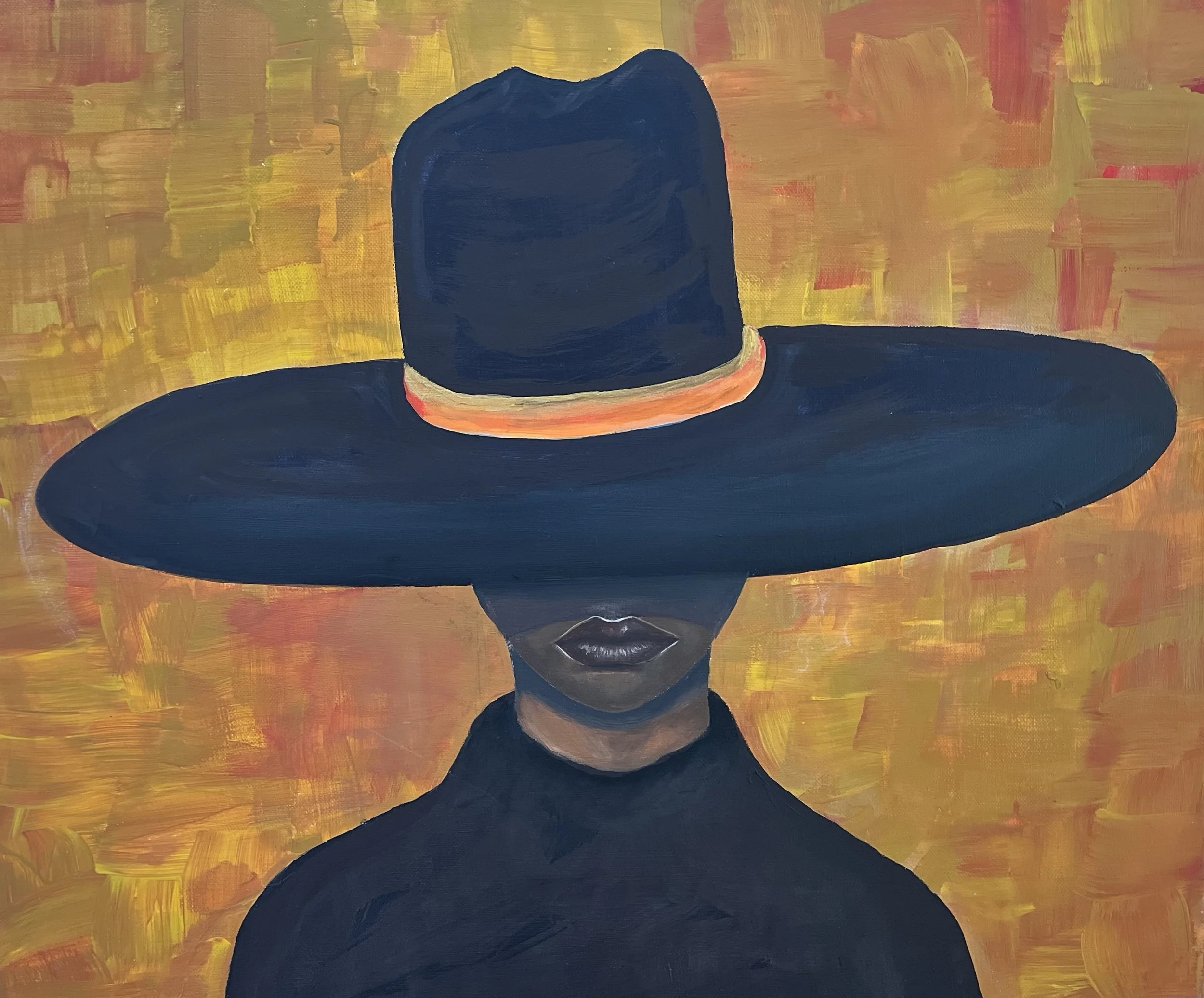 A painting of a person wearing a large, wide-brimmed black hat that covers most of their face. The person has dark lips and is dressed in black against a warm, textured orange and yellow background.