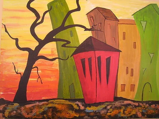 Colorful abstract painting of a cityscape with a leafless tree, tall buildings in green, orange, and red, and a sunset sky in the background.