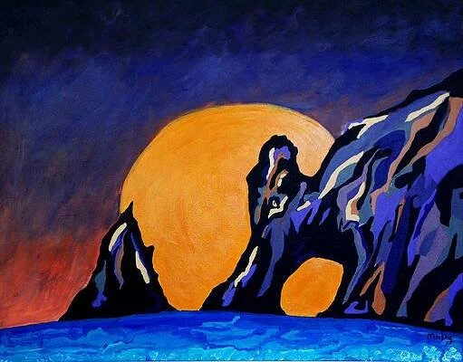 Painting of a sunset over a mountain landscape with an arched rock formation and a large orange sun.