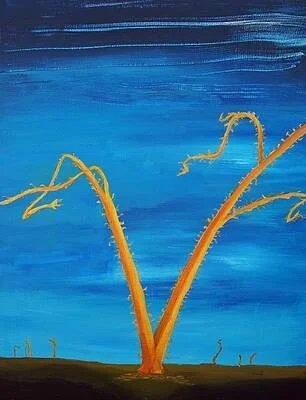 Painting of a large, leafless tree with orange-brown branches against a blue sky with horizontal streaks, and a dark ground at the bottom.