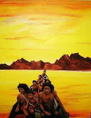 A painted landscape of a lake with mountains in the background and a yellow sky. A group of people on a boat are in the foreground.