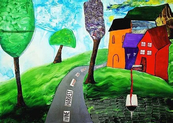Colorful watercolor painting depicting a winding road with labels for 'wine', 'harvest', and 'trust', surrounded by abstract trees and houses, with a glass of red wine in the foreground.