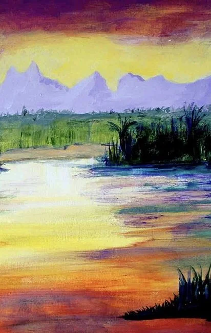 Colorful landscape painting of a river at sunset with mountains in the background, green vegetation along the water, and a vibrant sky with shades of yellow, orange, purple, and pink.