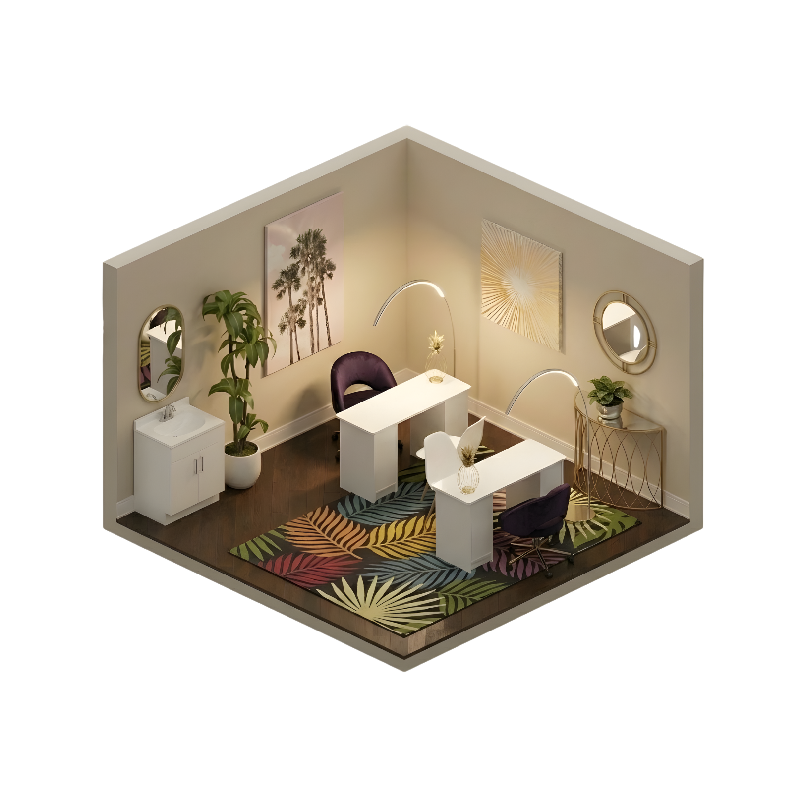 A modern office with two white desks, black and white chairs, a colorful area rug with tropical leaf patterns, large wall art of palm trees, a potted plant, a small white cabinet with a mirror above, and decorative lighting.