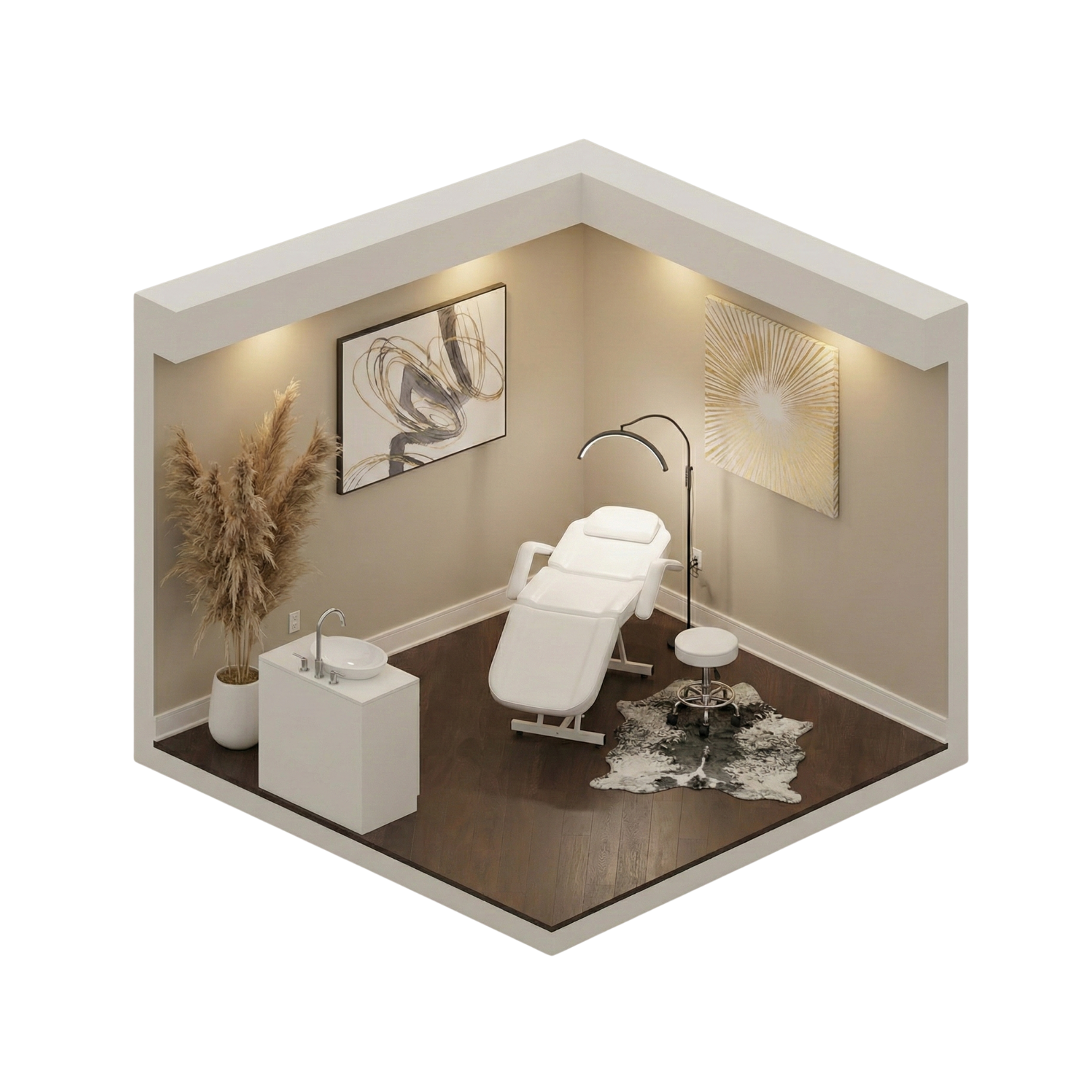 A modern medical treatment room with a white examination chair, a small white sink with a faucet, abstract wall art, a tall lamp, a stool, a cowhide rug, and a plant in a white vase.