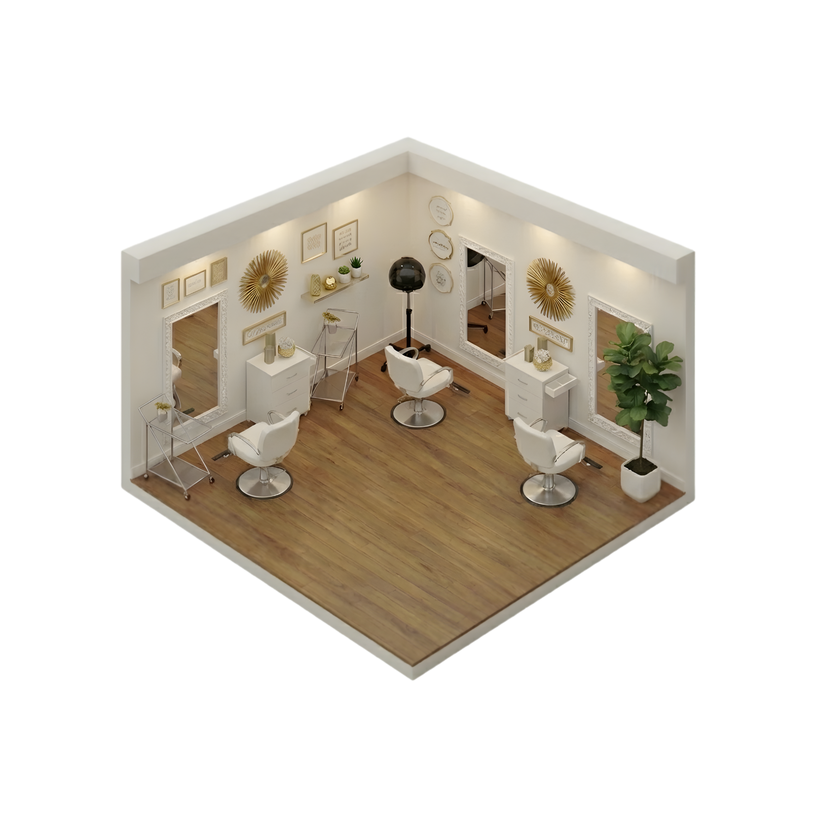 A modern hair salon with four styling stations, each with a mirror, white chair, and small white drawer. The walls have decorative art and a large potted plant. The floor is wooden, and there is a door leading to another room.