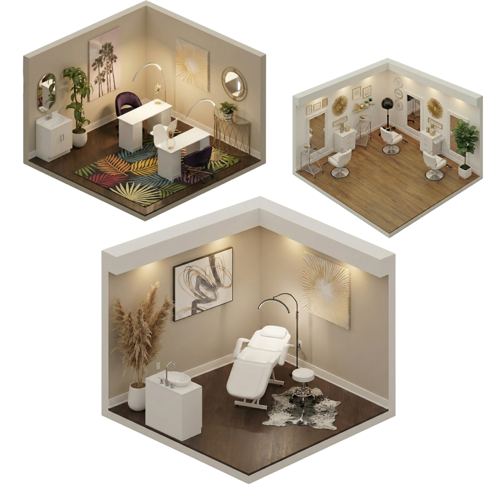Three separate rooms: a beauty salon with chairs, mirrors, and decor; a hair salon with styling chairs and mirrors; a spa treatment room with a massage table, a sink, and wall art.