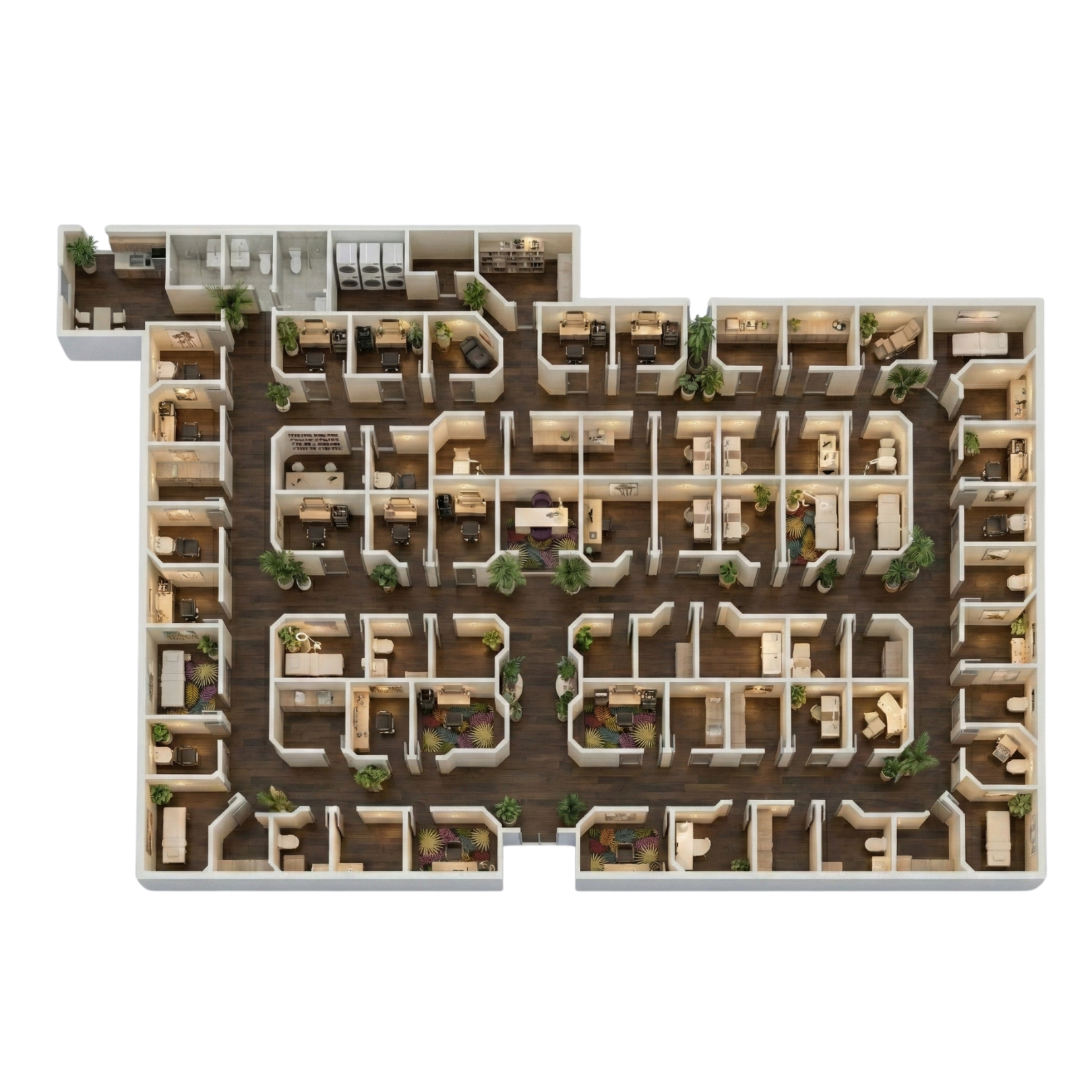 Floor plan of an office building with multiple rooms, cubicles, conference rooms, and common areas.