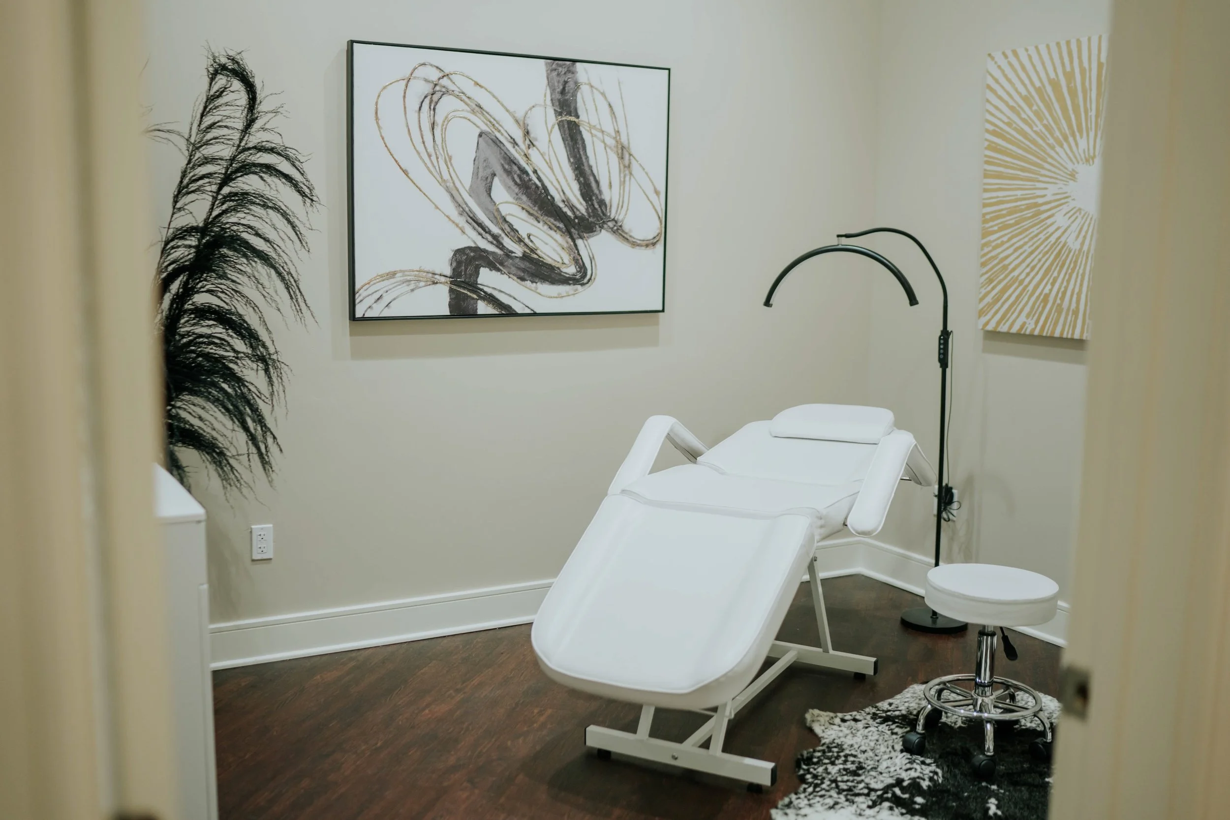 Medical examination room with a white treatment bed, a black floor lamp, abstract wall art, a potted plant, a stool, and hardwood flooring.
