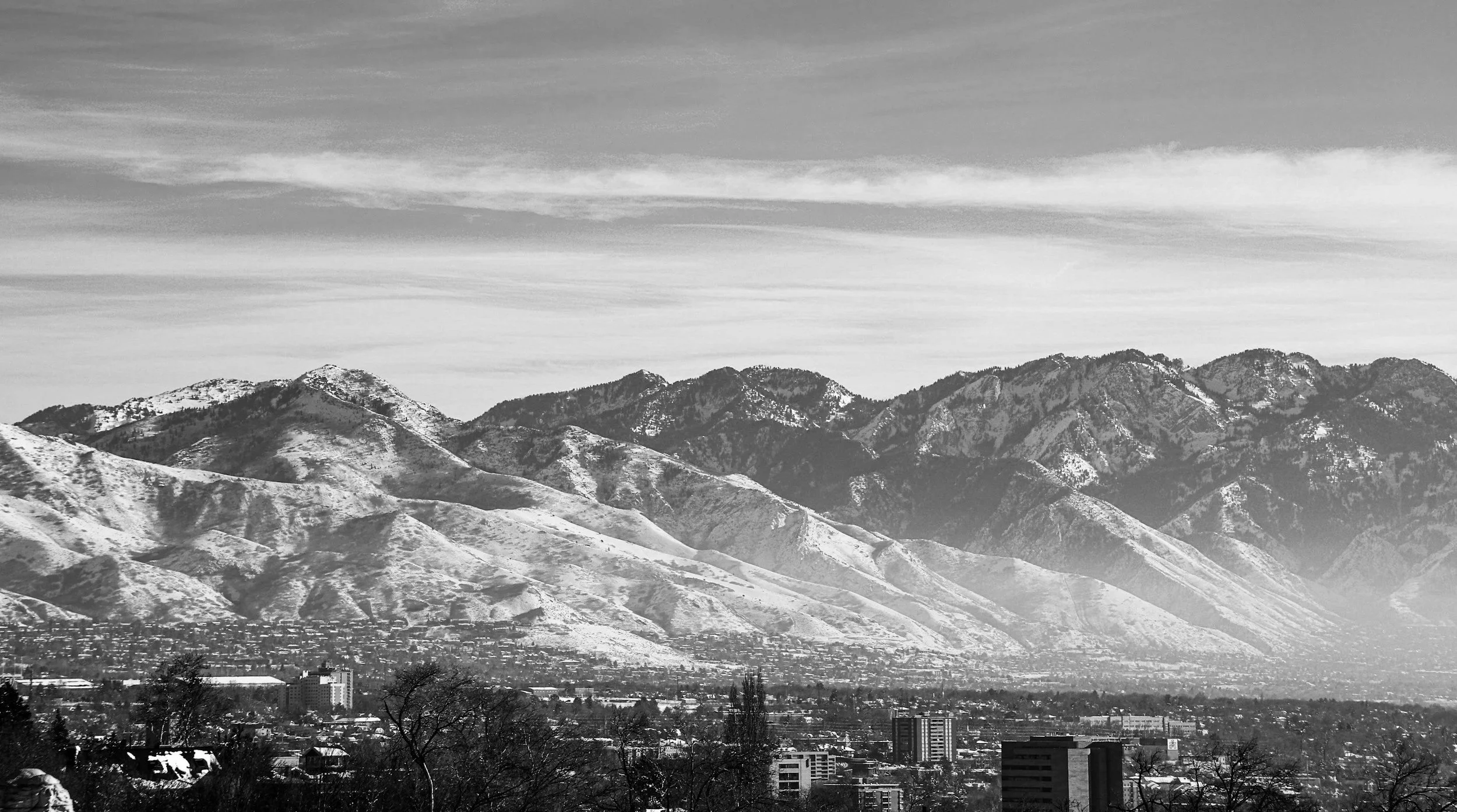 Black and white photo of snow-covered mountains above a cityscape with buildings and trees.
