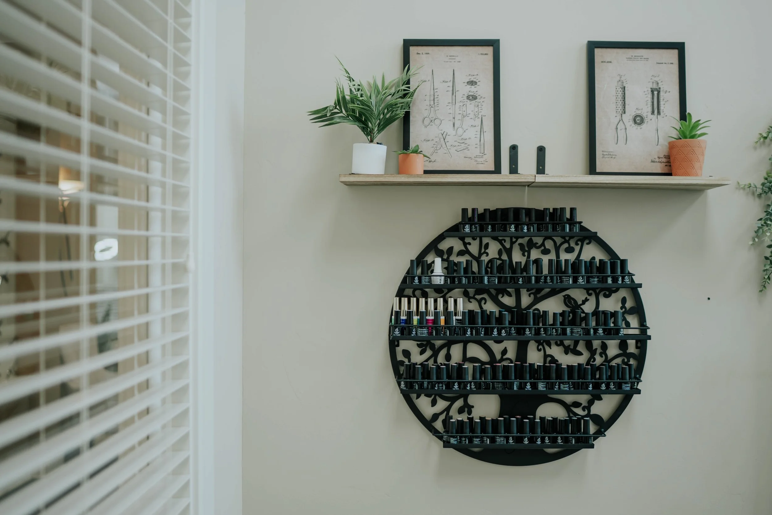 Wall display with a round black nail polish rack, two framed sketches of surgical tools, and three potted plants on a wooden shelf.