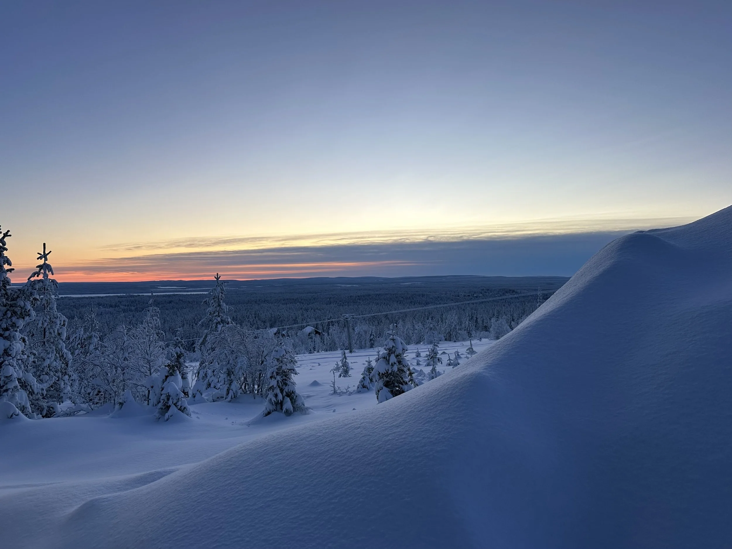 Snow-covered landscape with trees and a large snowdrift in the foreground, under a twilight sky with a faint sunset on the horizon.