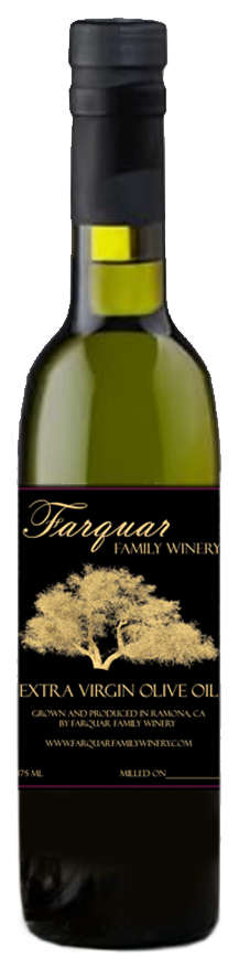 A bottle of Farquar Extra Virgin Olive Oil from Family Winery with a black label, gold and yellow accents, and an illustration of an olive tree.