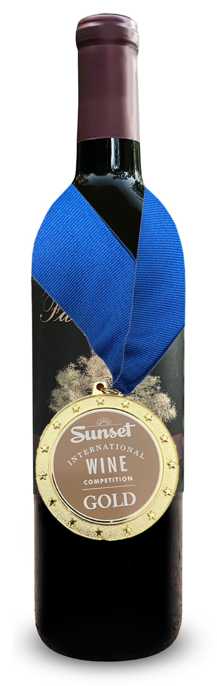 A bottle of red wine with a gold medal labeled 'Sunset International Wine Competition Gold' around its neck, and a blue ribbon attached to the medal.