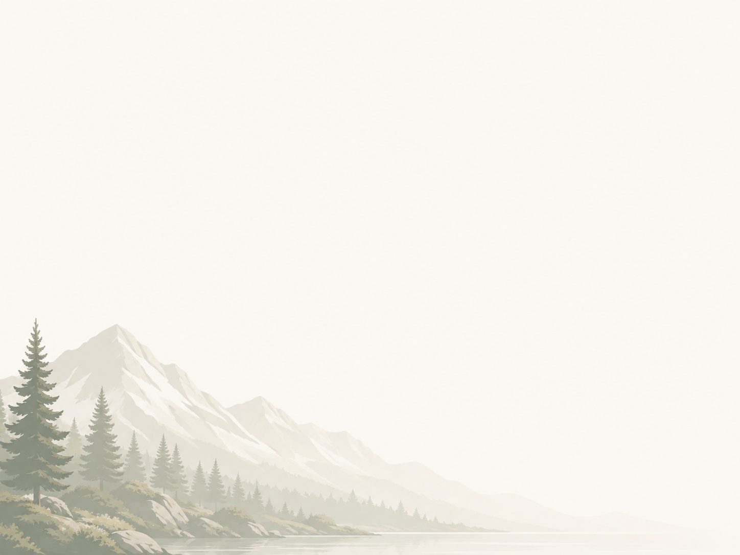 Illustration of mountains, pine trees, and a lake with a minimalist, soft color palette.