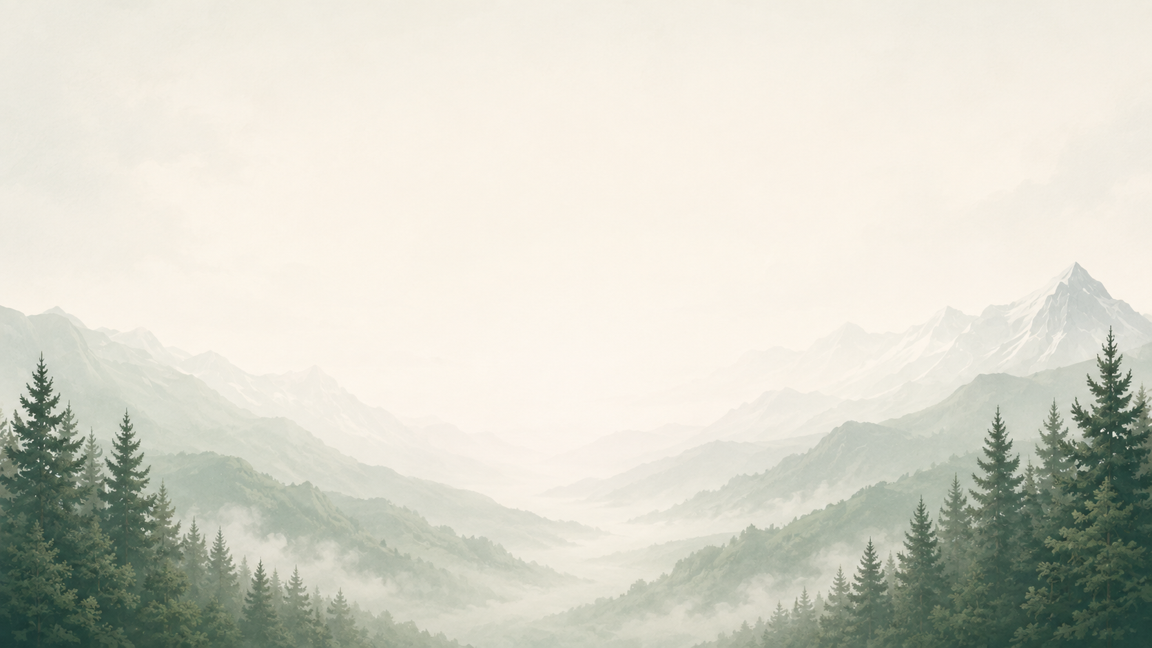 A digital painting of a mountain landscape with foggy valleys, tall pine trees in the foreground, and mountain peaks in the background under a cloudy sky.