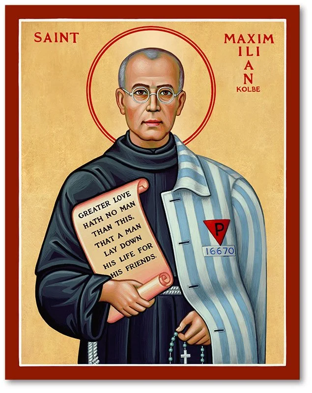 A religious icon-style illustration of Saint Maximilian Kolbe depicted as a monk, holding a scroll with a quote about love and sacrifice, with a halo behind his head, and religious symbols including a rosary and a red triangle with the letter P and the number 16670.