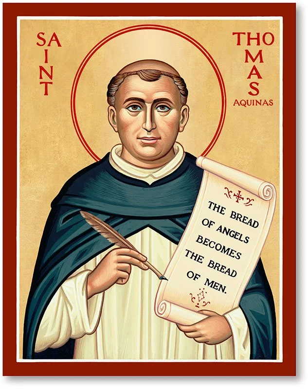 A religious icon depicting Saint Thomas Aquinas holding a scroll with the quote, 'The bread of angels becomes the bread of men.'