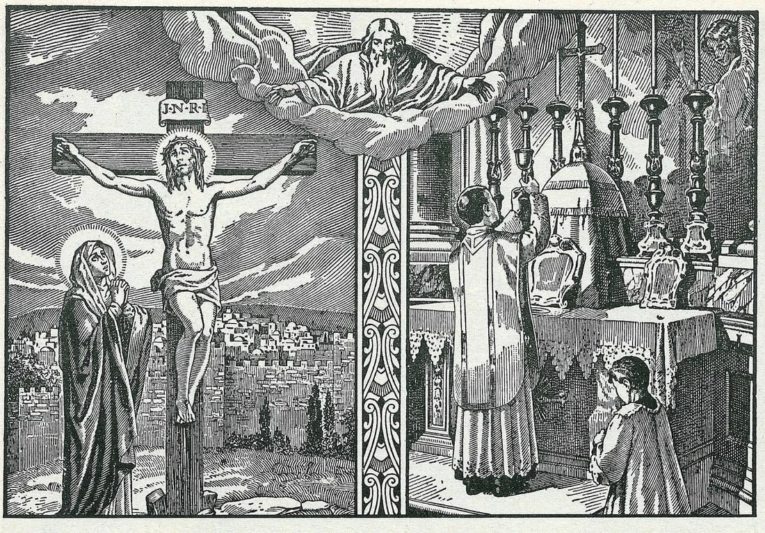 A black-and-white religious illustration depicting the crucifixion of Jesus Christ on the left, with Jesus on the cross and a woman praying below. On the right, a priest is performing a religious ceremony, with children kneeling in prayer.