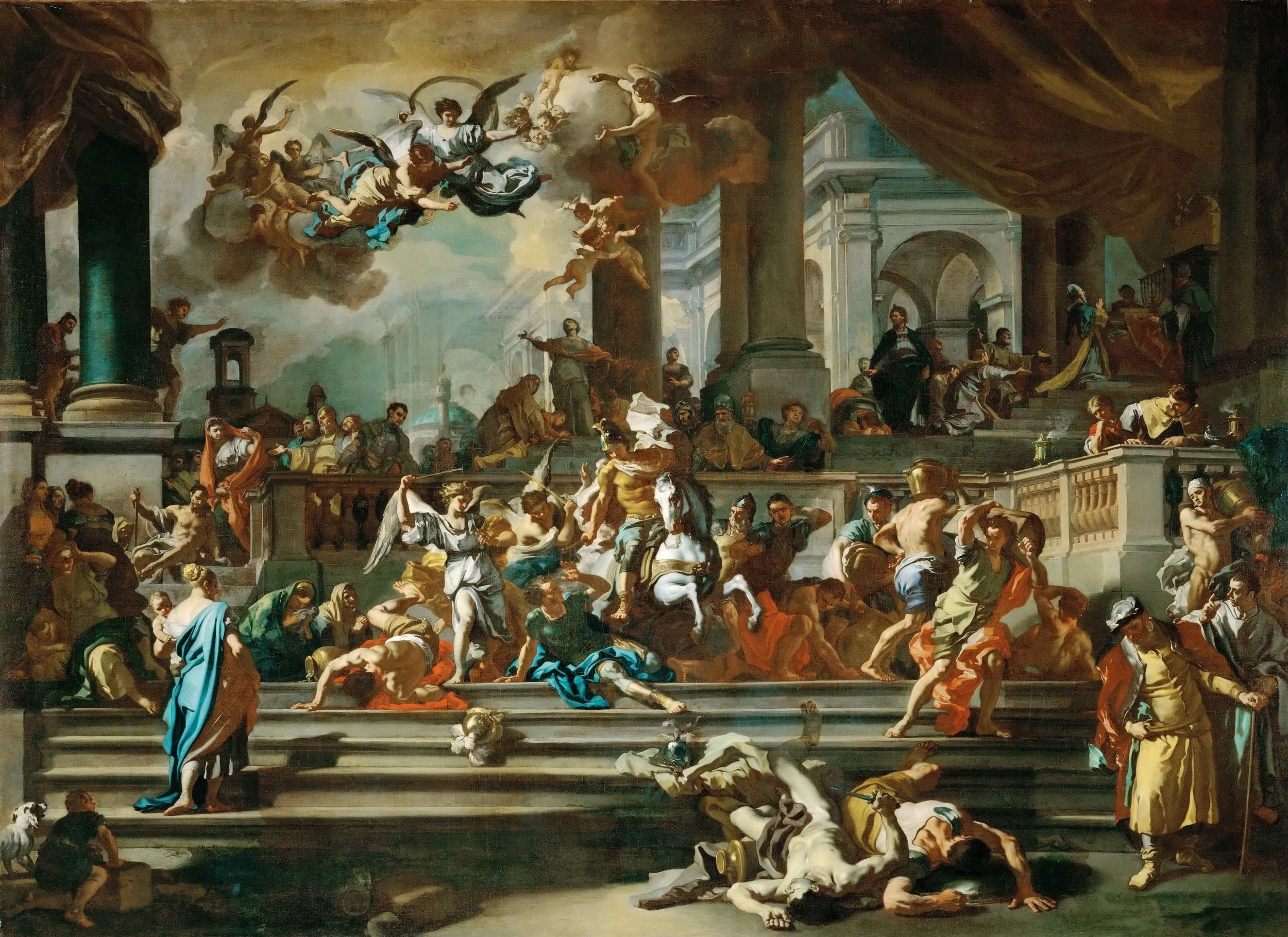 Baroque style painting depicting a scene of chaos with fallen figures, some injured, on grand stairs in an architectural setting, with figures in dynamic poses and an upper group with heavenly beings in clouds.