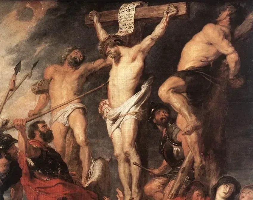 A classic painting of Jesus Christ crucified on the cross with two thieves, one on each side, with Roman soldiers and followers around.