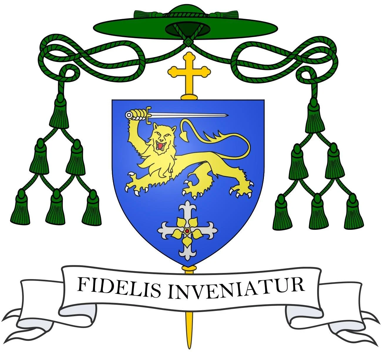 The coat of arms of the Holy See featuring a blue shield with a gold lion holding a silver sword, a gold and white central emblem, and a papal tiara above with green cords and tassels. A banner below reads 'Fideles Invictiatur'.