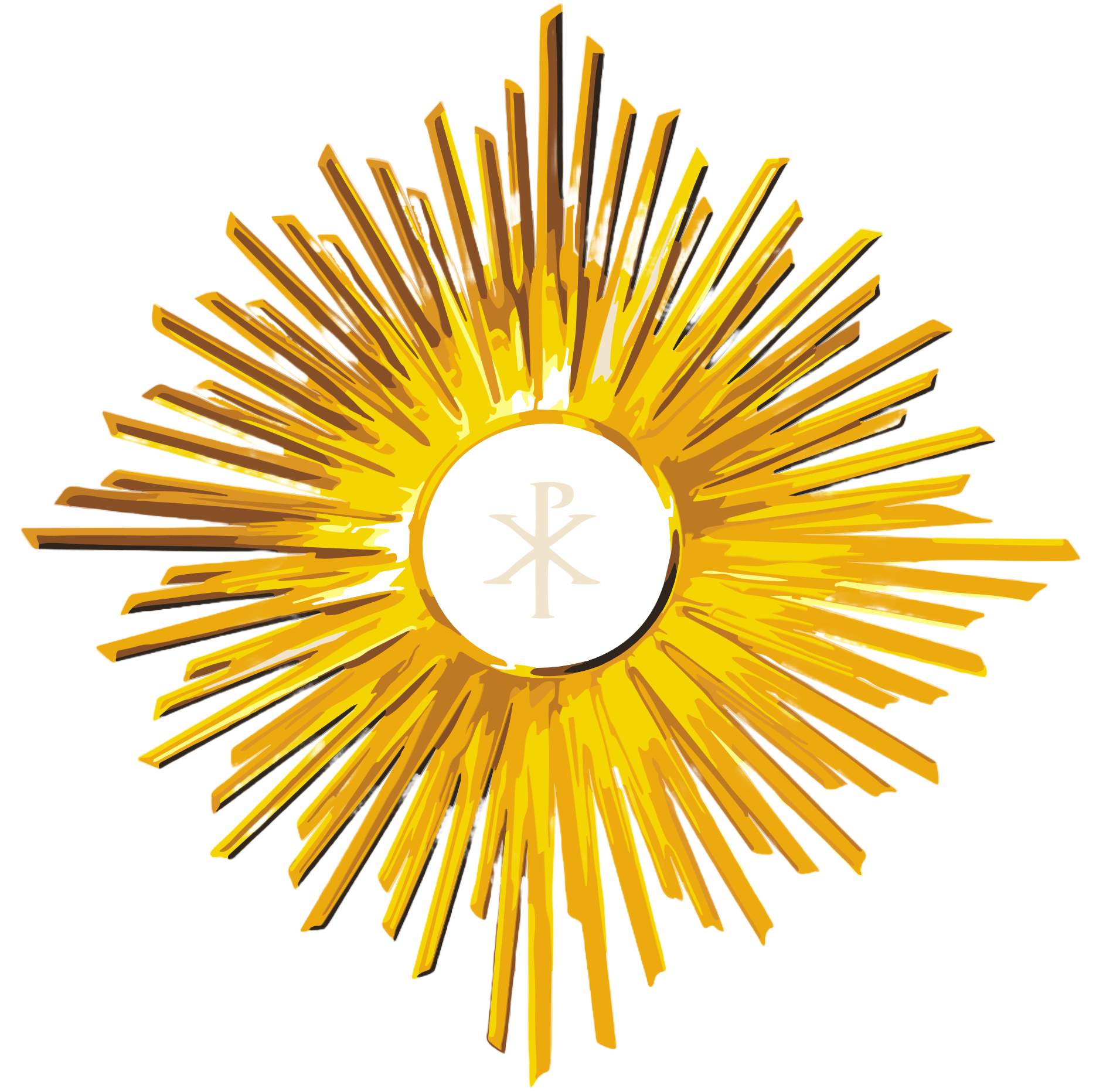 Golden Eucharist monstrance with a white circle and a Chi-Rho symbol in the center.