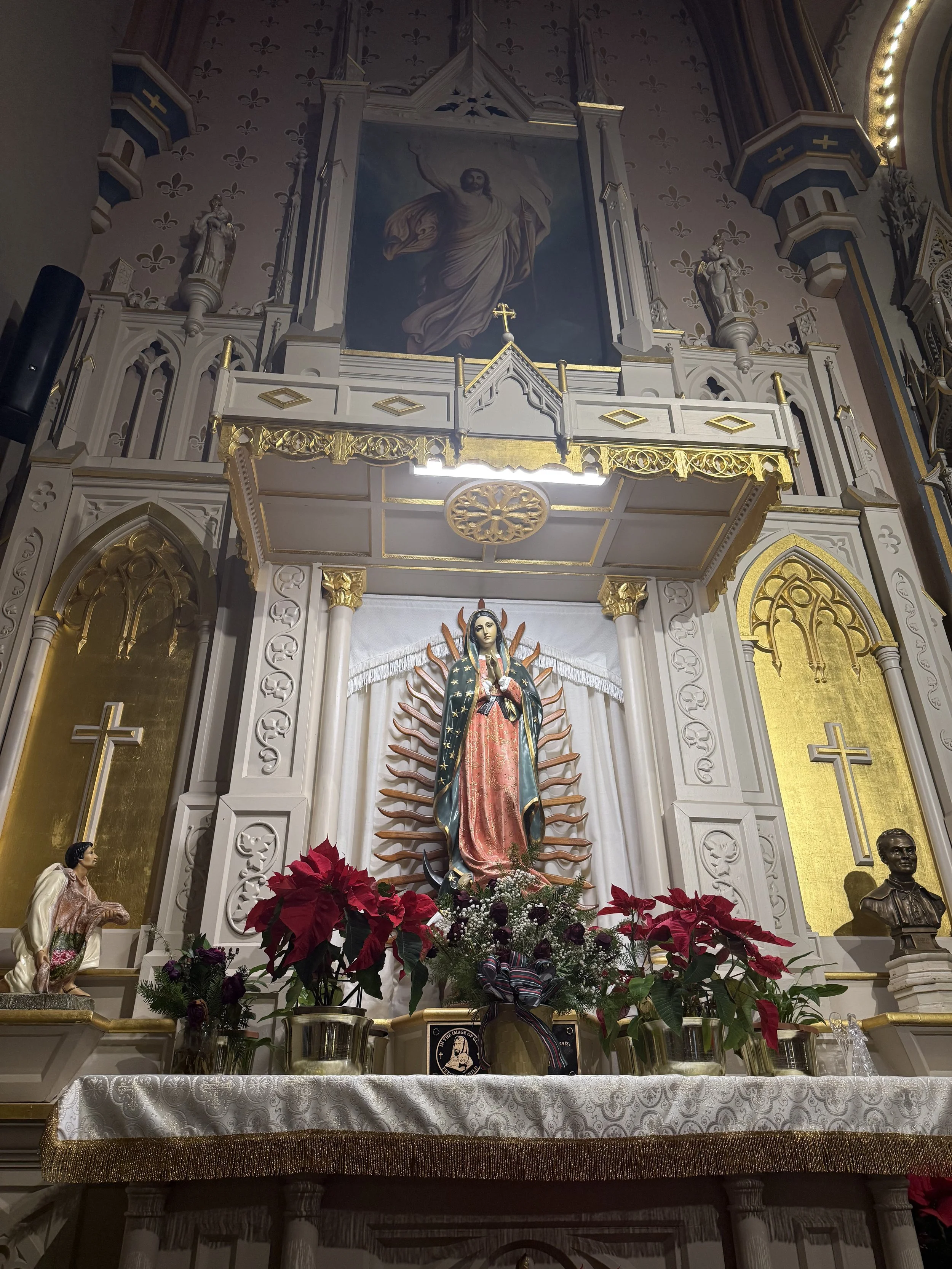 Inside a church, an altar featuring a statue of the Virgin Mary surrounded by poinsettias, with religious paintings, golden accents, and smaller statues.