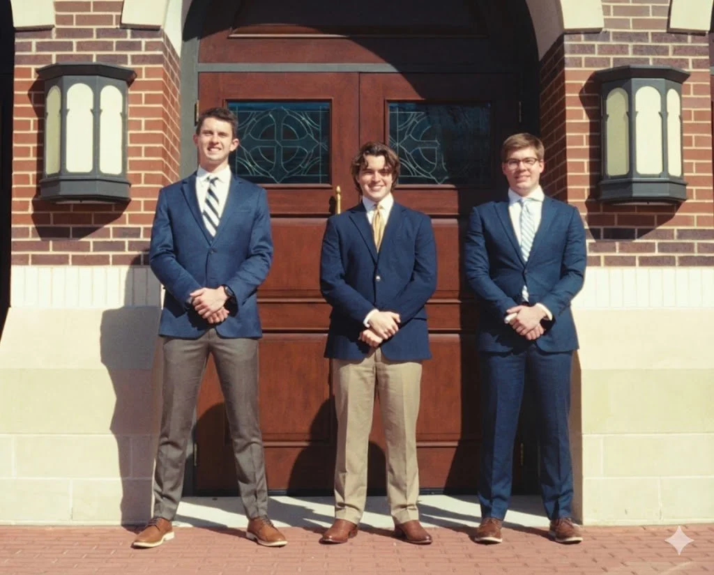 Three young men dressed in suits standing in front of a wooden door with brick walls and vintage-style outdoor lamps on either side, smiling.