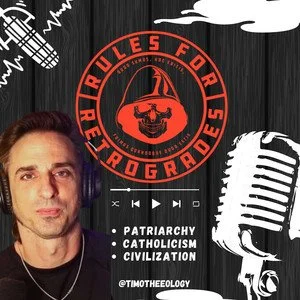 Graphic design for a podcast called 'Rules for Retrogrades' with a red and black logo featuring a male figure wearing a hat and sunglasses, set against a blackboard background with white musical notes and a microphone.