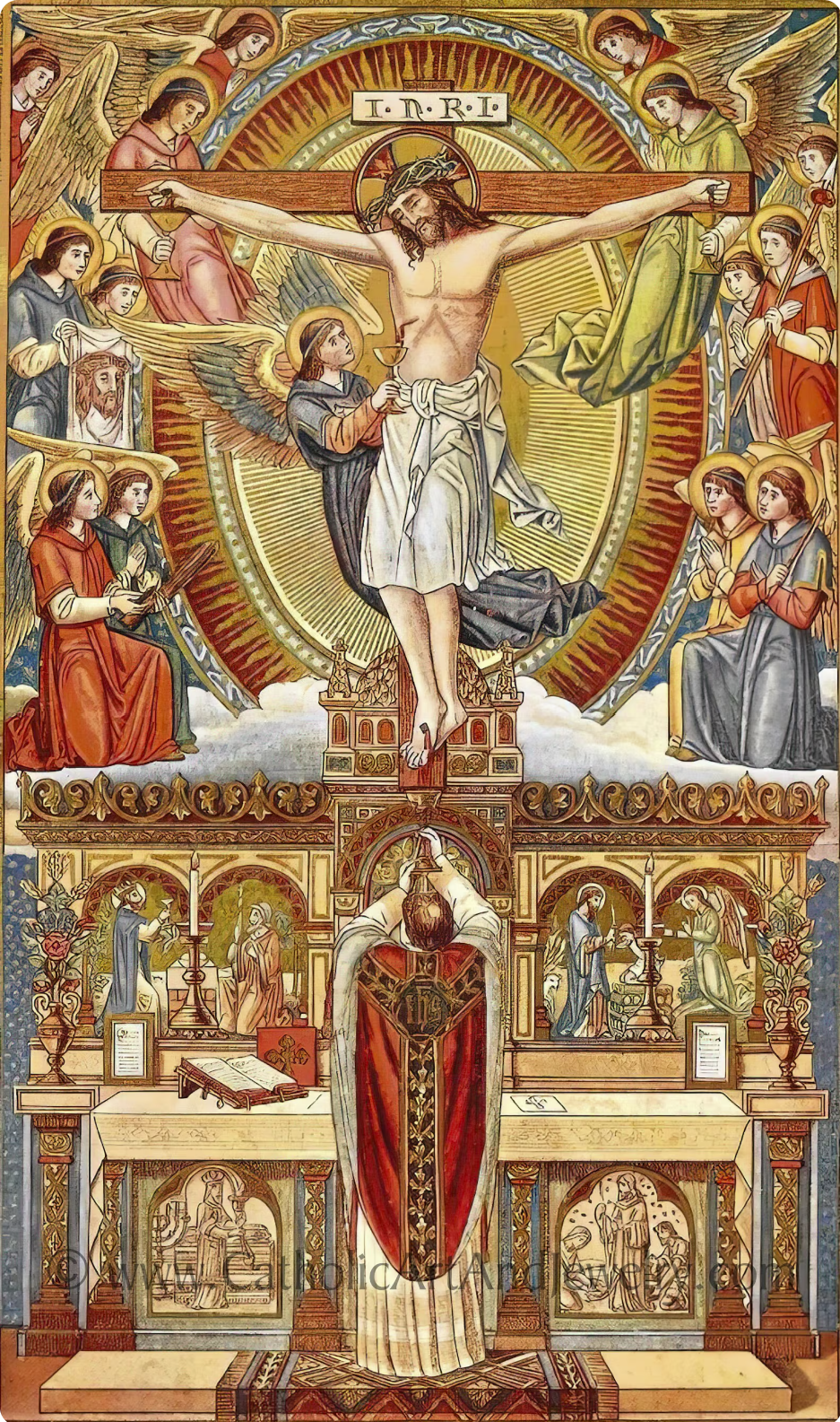 A detailed religious painting of Jesus Christ on the cross surrounded by angels and saints, with a cathedral-like structure at the bottom.