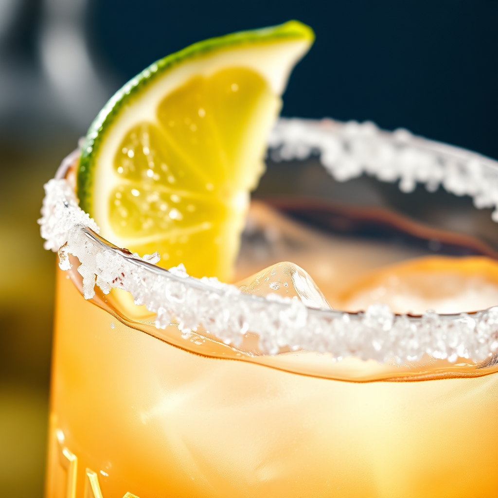 Close-up of a margarita glass with a salted rim, garnished with a lime and lemon wedge.