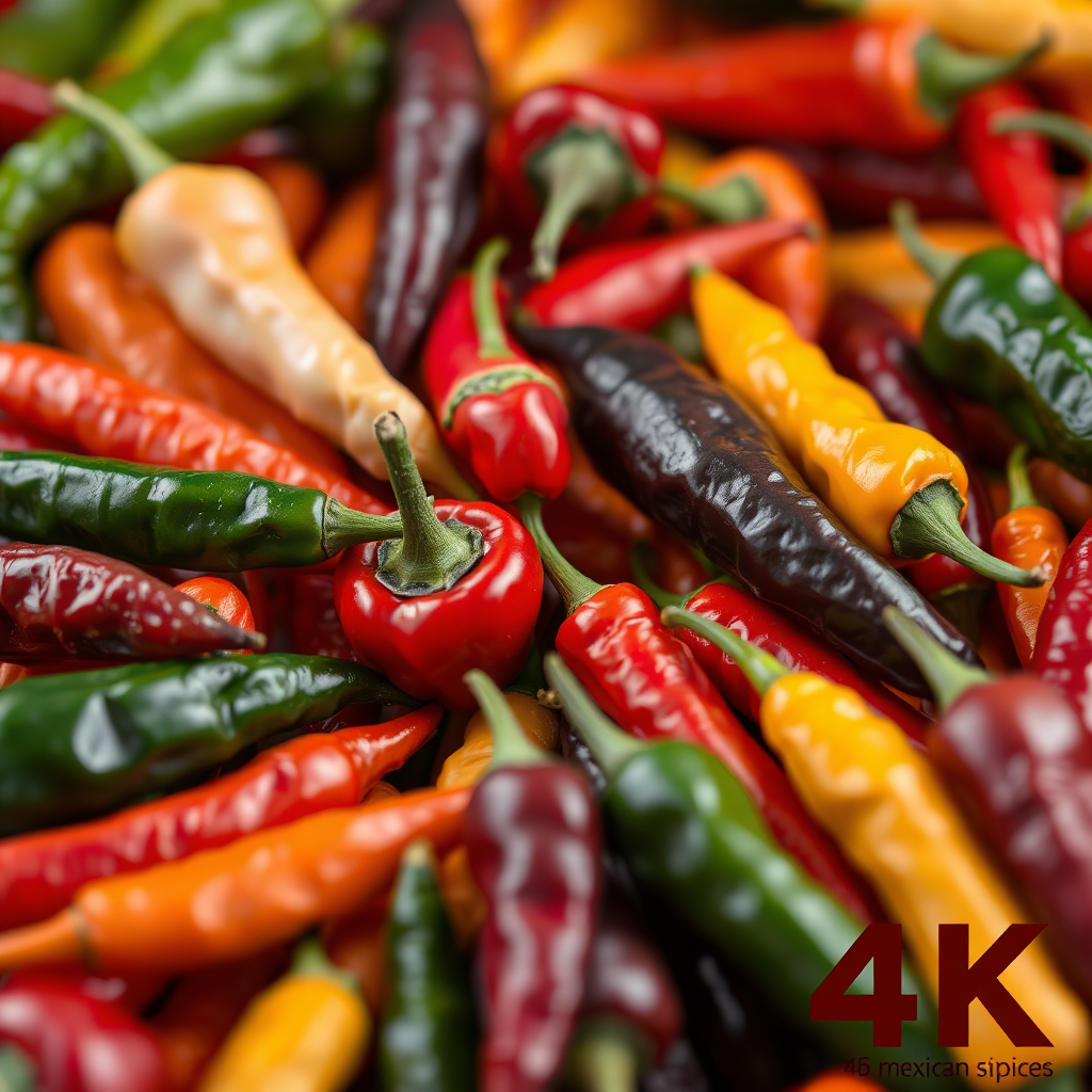 A close-up of various colorful hot peppers, including green, red, yellow, orange, and purple, piled together.