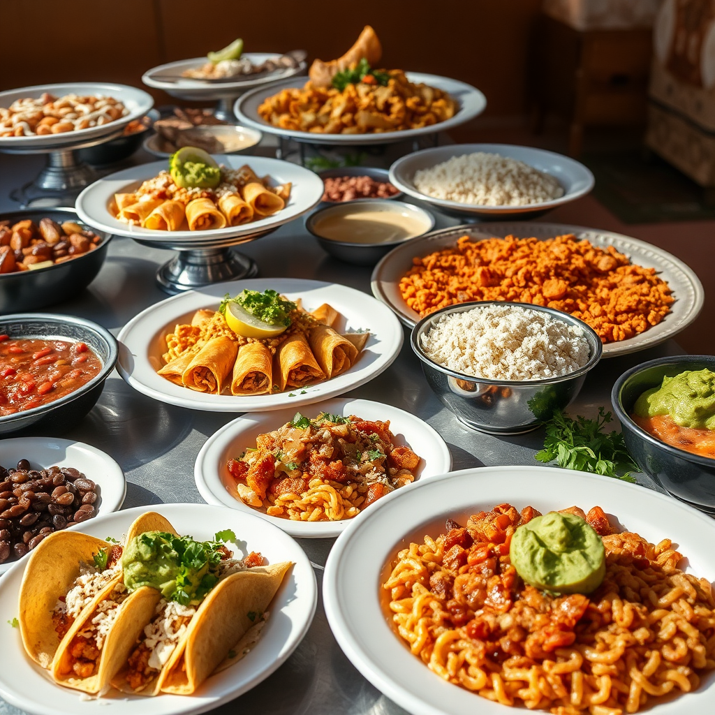 A variety of Mexican dishes on a table, including tacos, tamales, rice, beans, and pasta, garnished with lime and guacamole.