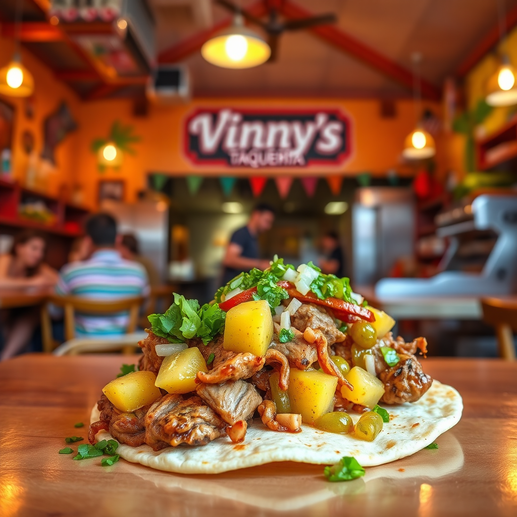 Taco filled with diced pineapple, grilled chicken, lettuce, tomatoes, onions, and green onions inside a flour tortilla at Vinny's Taqueria.