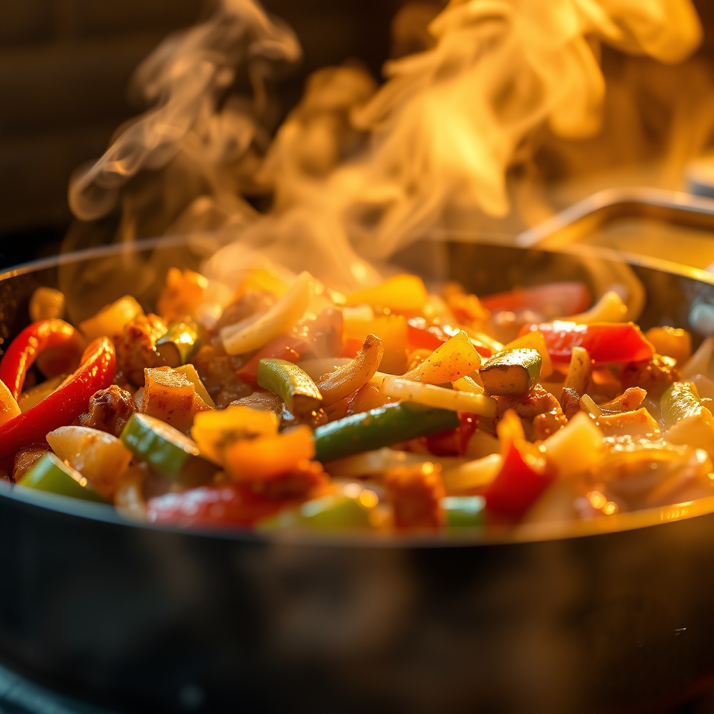 Fried vegetables cooking in a pan with steam rising.