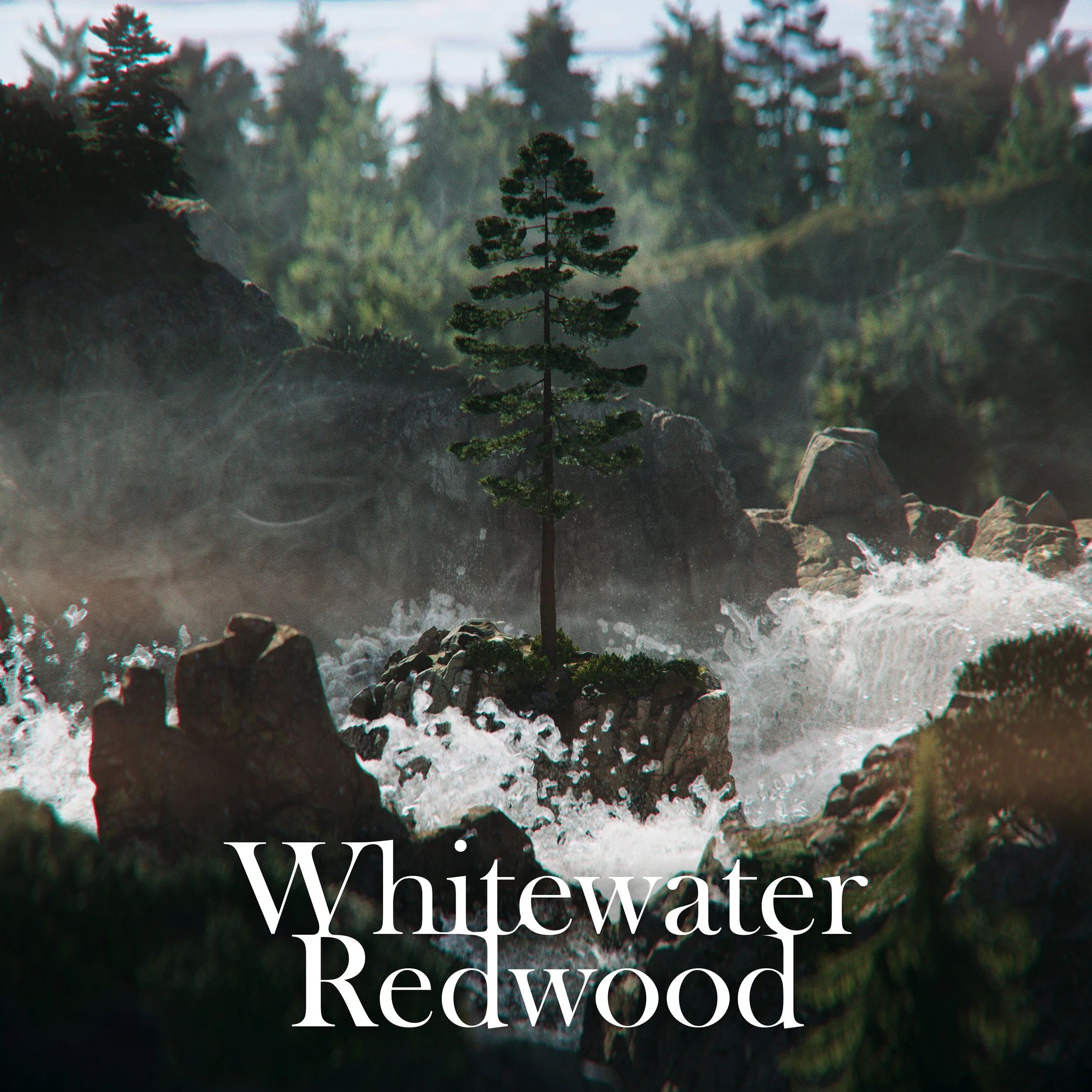 A lone tree growing on a rocky island surrounded by a flowing river with a forest in the background. Text on image reads "Whitewater Redwood."