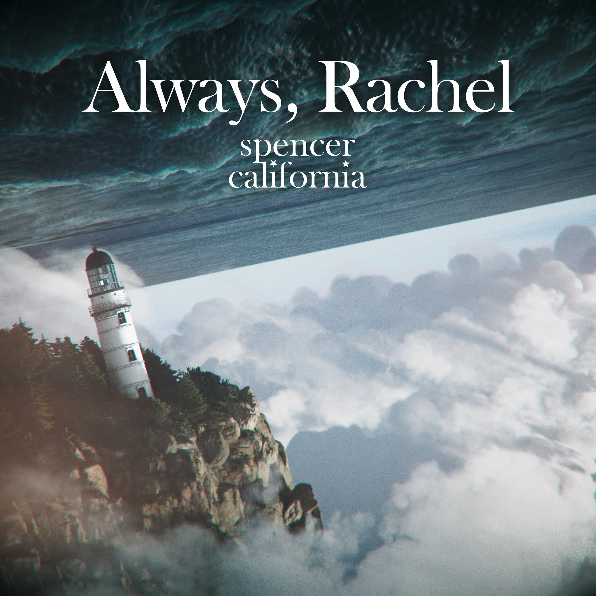 Album cover titled 'Always, Rachel' with a lighthouse on a cliff and a large ocean wave in the background.