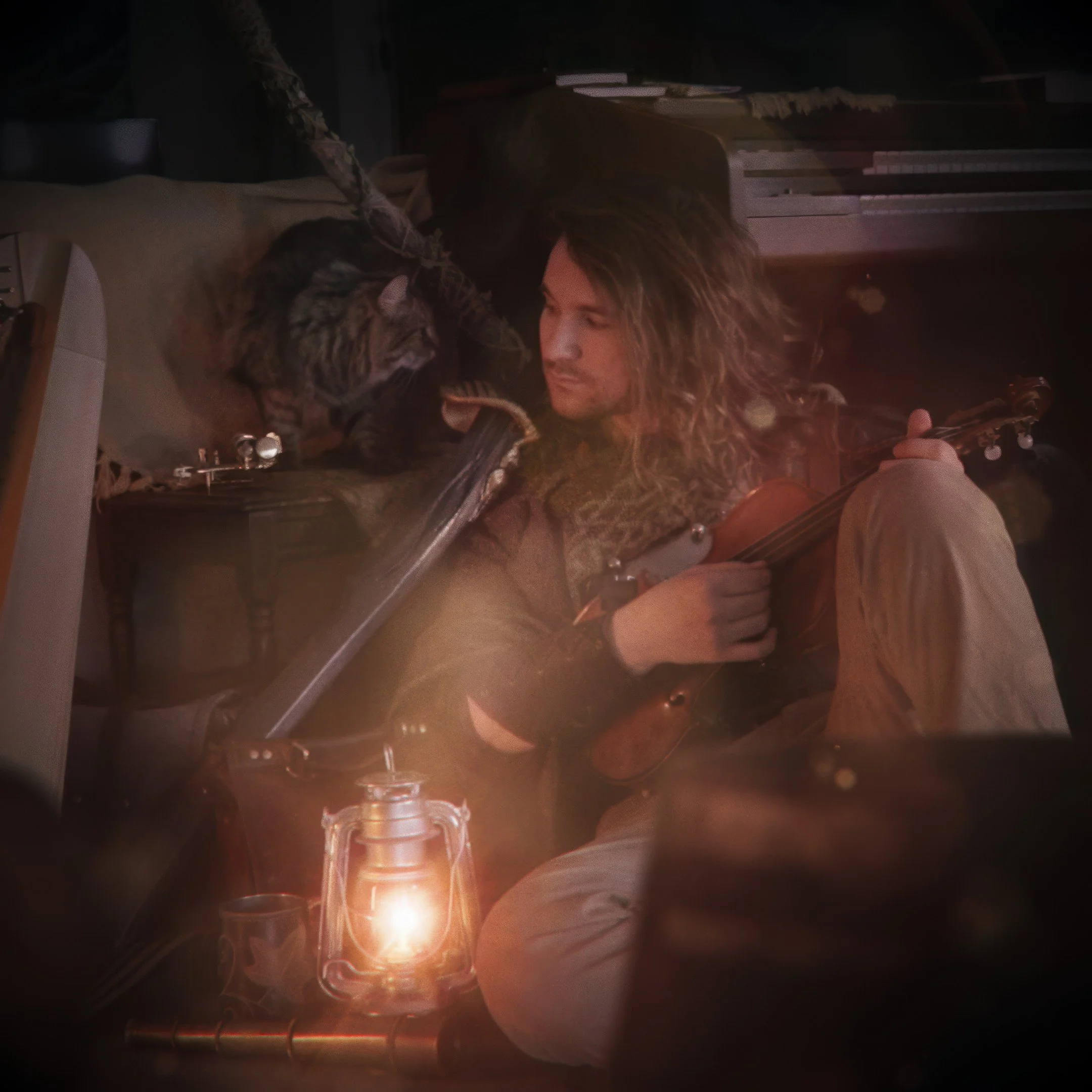 A young man with long curly hair sitting on the floor of a cozy room, playing a violin, with a kitten sitting nearby on a cushion, illuminated by a lantern.