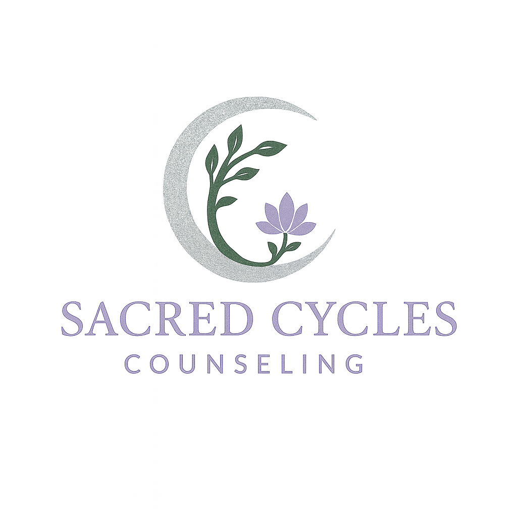 A logo for Sacred Cycles Counseling featuring a purple lotus flower, green leaves, a crescent moon, and text in purple lettering.